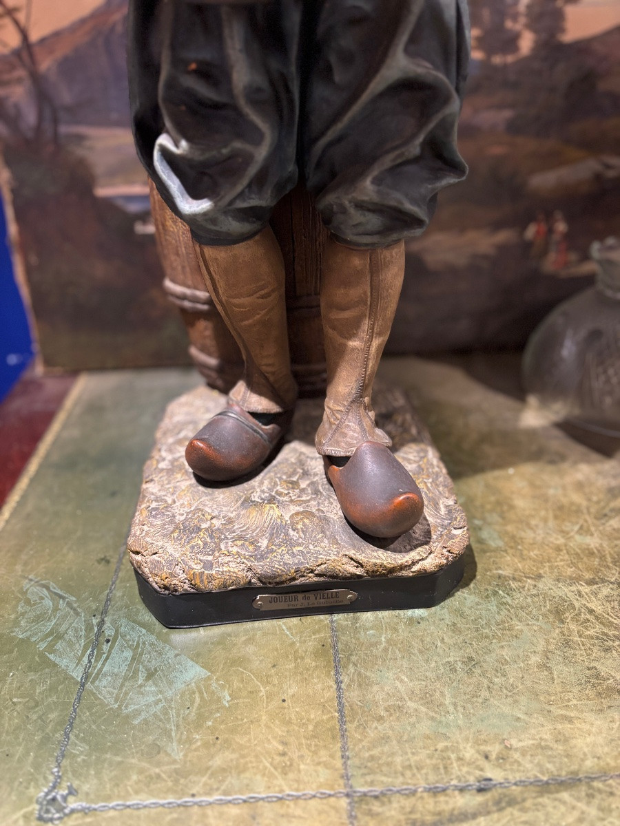 The Guluche, The Breton Hurdy-gurdy Player, Large Polychrome Terracotta Sculpture -photo-4