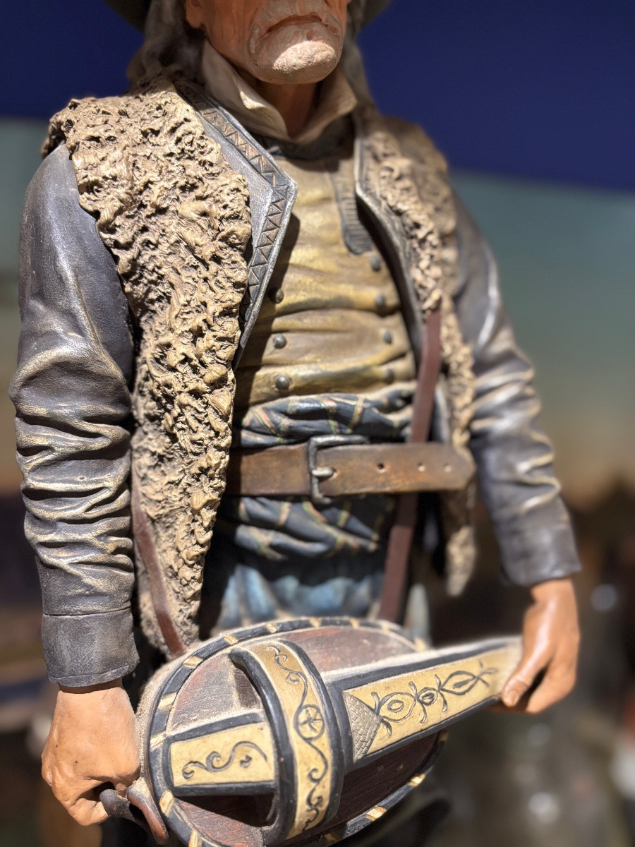 The Guluche, The Breton Hurdy-gurdy Player, Large Polychrome Terracotta Sculpture -photo-1