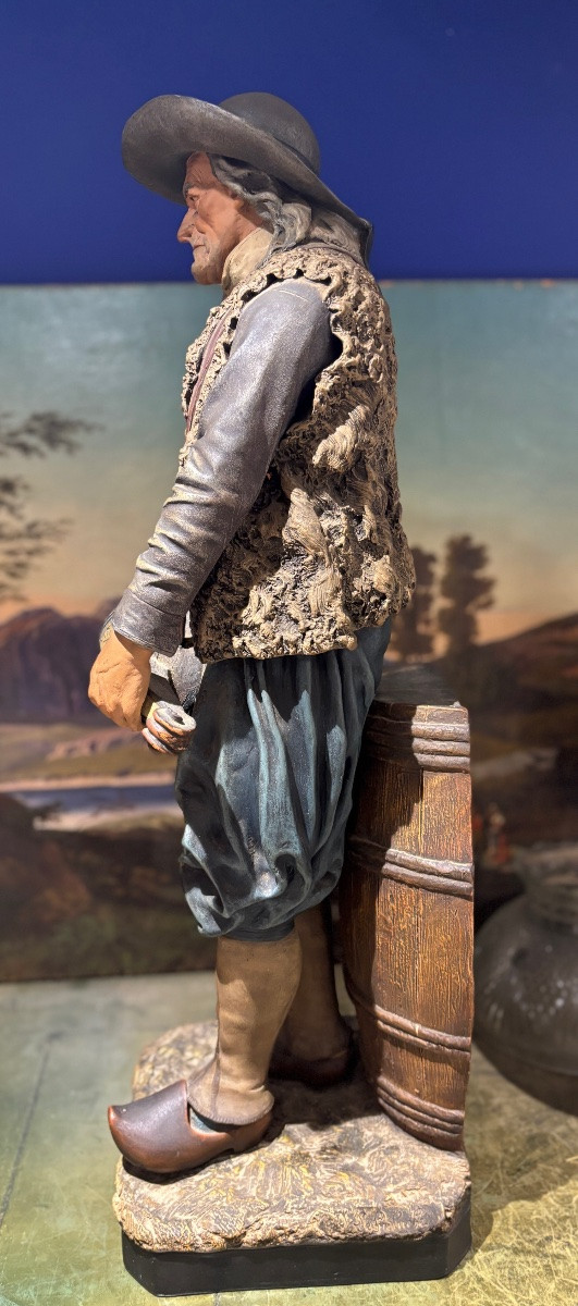 The Guluche, The Breton Hurdy-gurdy Player, Large Polychrome Terracotta Sculpture -photo-3