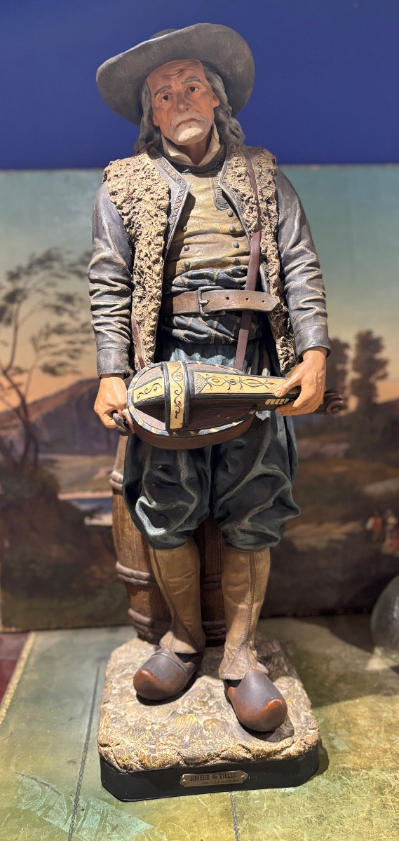 The Guluche, The Breton Hurdy-gurdy Player, Large Polychrome Terracotta Sculpture 