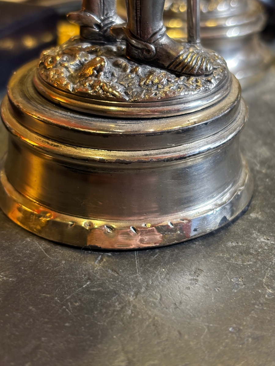 Pair Of Silvered Bronze Statuettes By Roche, Renaissance Halberdiers, 19th Century-photo-4