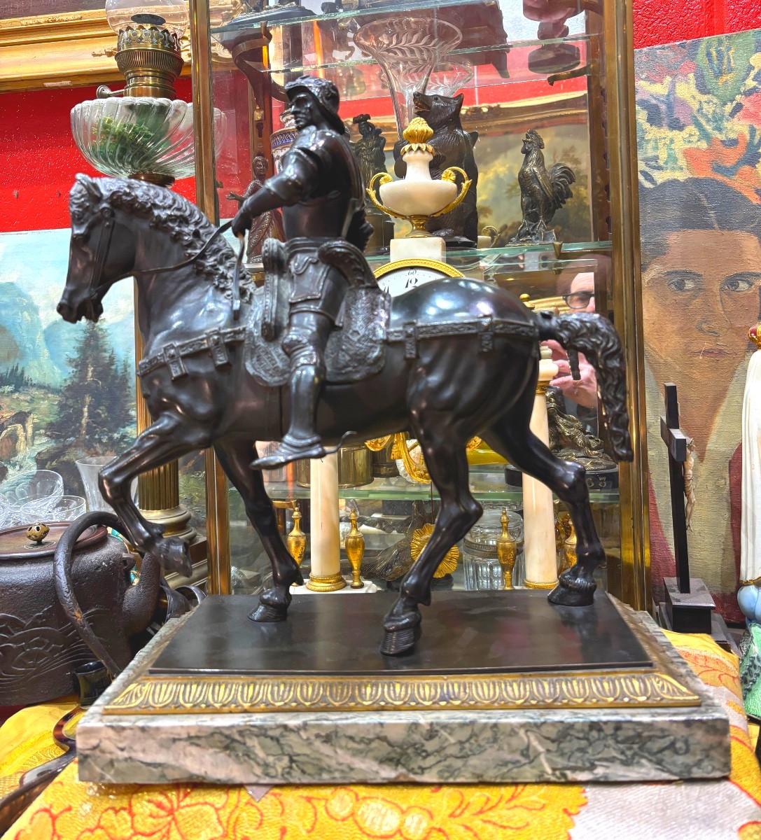 Bronze statue équestre cavalier renaissance verrocchio bartolomeo colleoni socle en marbre XIXe