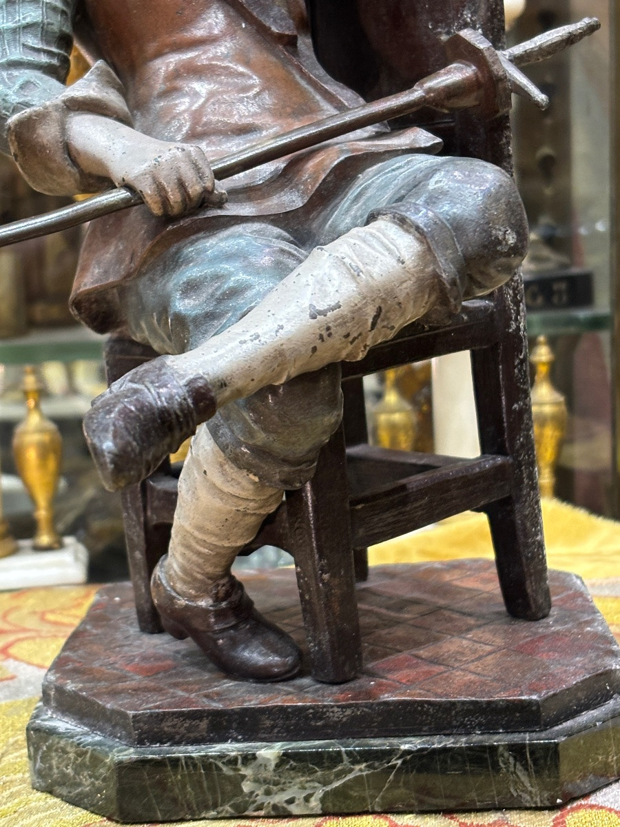 Seated Musketeer In Polychrome Spelter, 19th-century Sculpture-photo-2