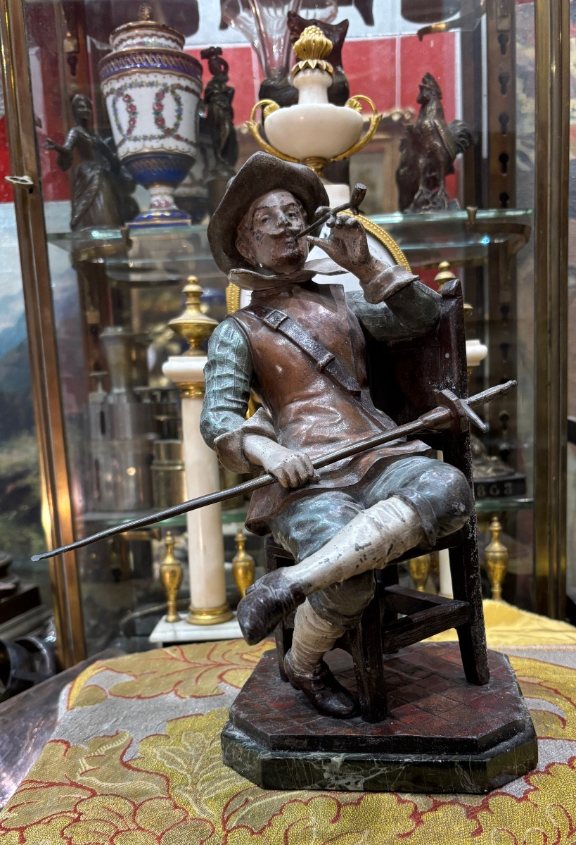 Seated Musketeer In Polychrome Spelter, 19th-century Sculpture