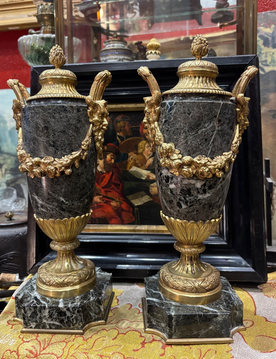 Pair Of Lxvi Style Green Alpine Marble Cassolette Vases