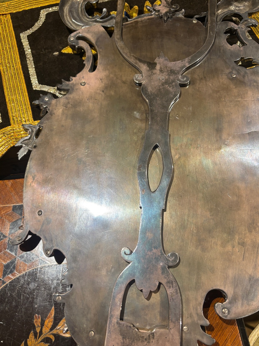 Important miroir de table psyché glace en métal argenté de style LXVI XIXE rocaille -photo-3