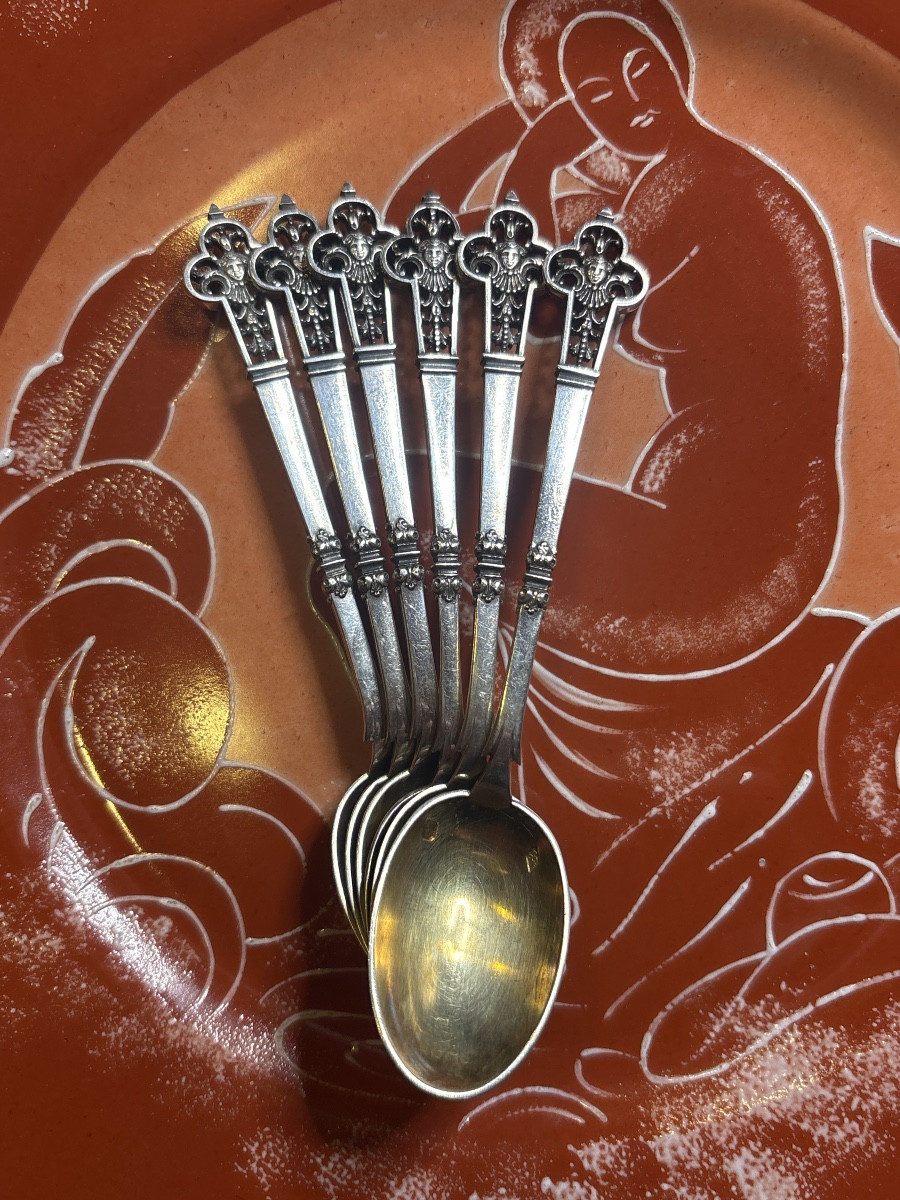 Cardeilhac Christofle Renaissance 6 Small Solid Silver Spoons With Gilt Interior