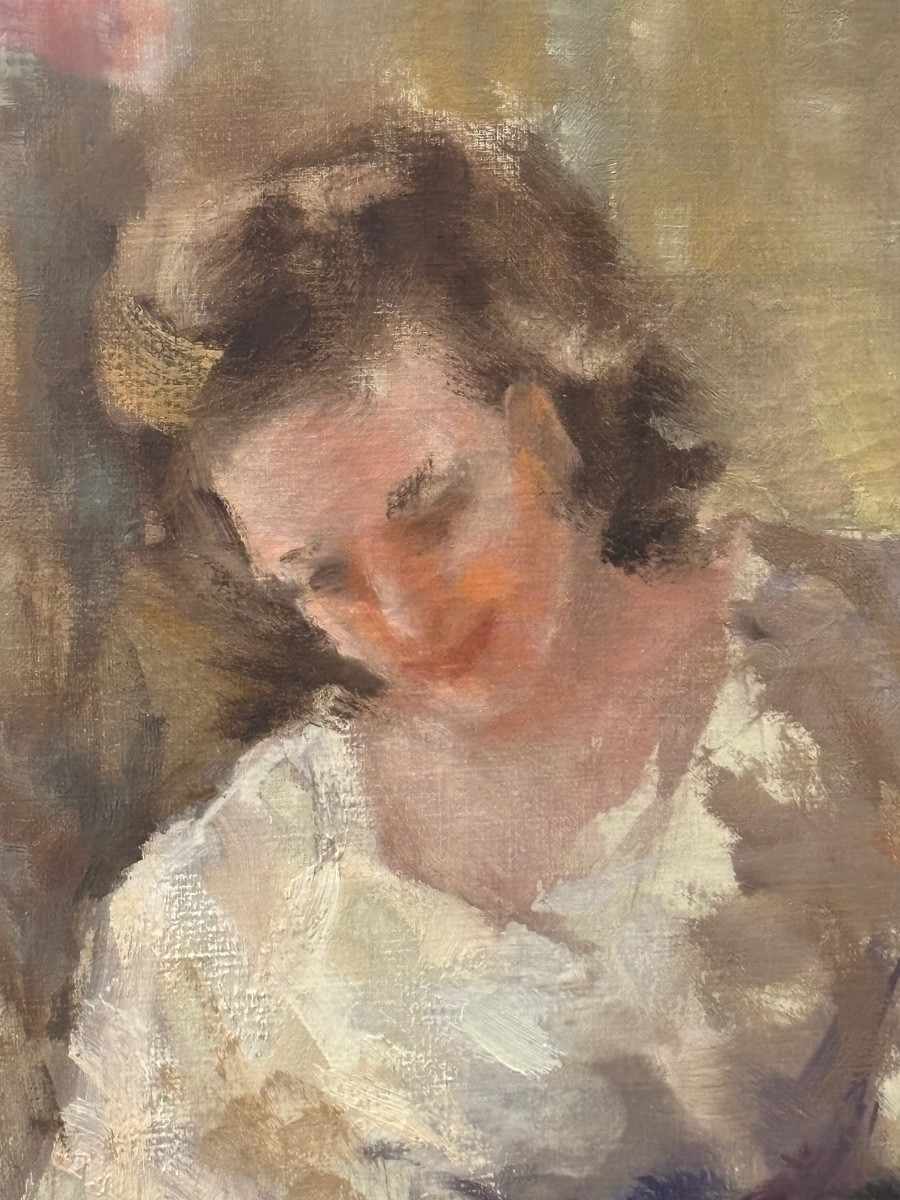 Giuseppe mastellaro 1950 grand tableaux d élégantes huile sur toile sous verre -photo-2