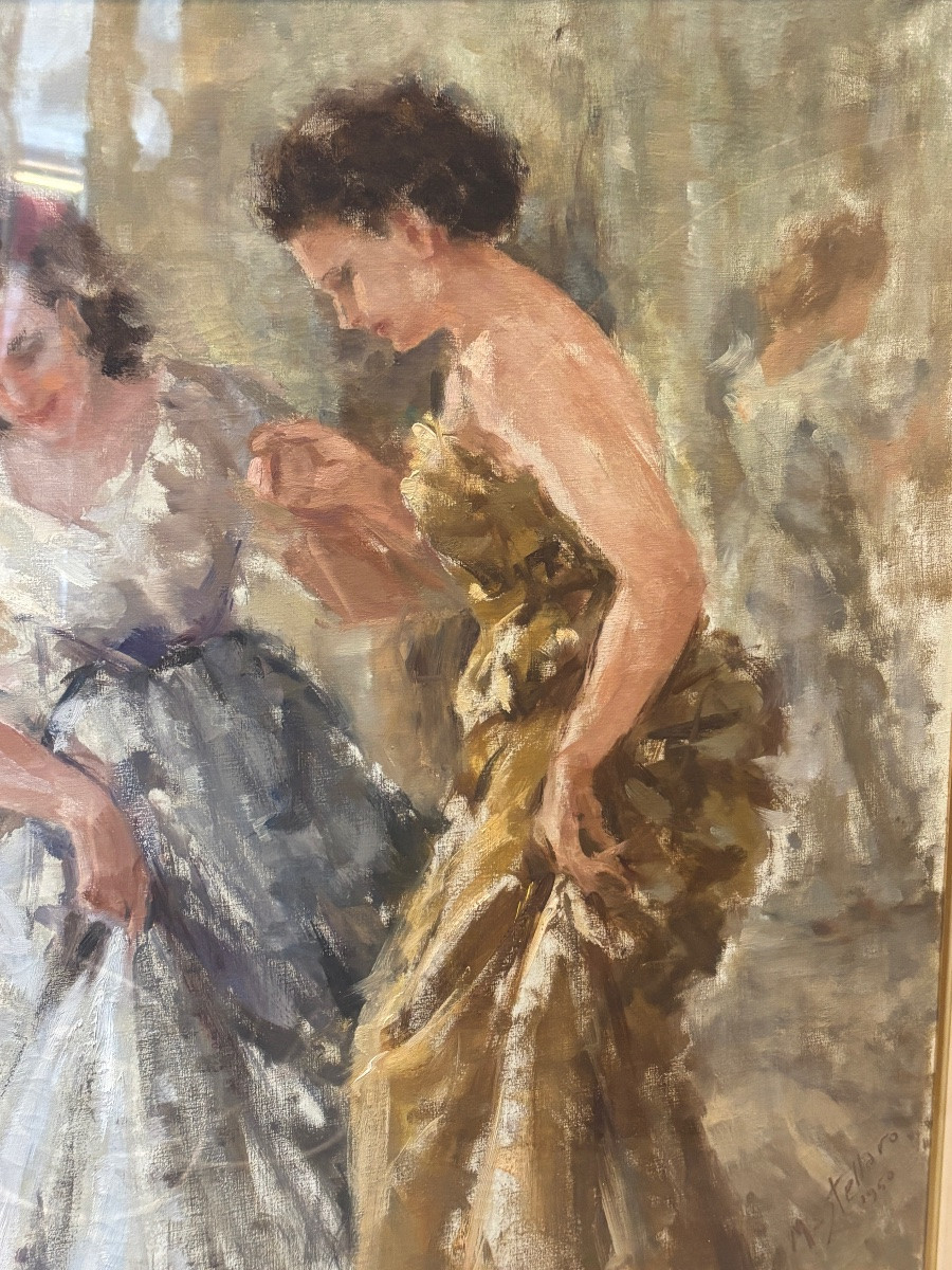 Giuseppe mastellaro 1950 grand tableaux d élégantes huile sur toile sous verre -photo-3
