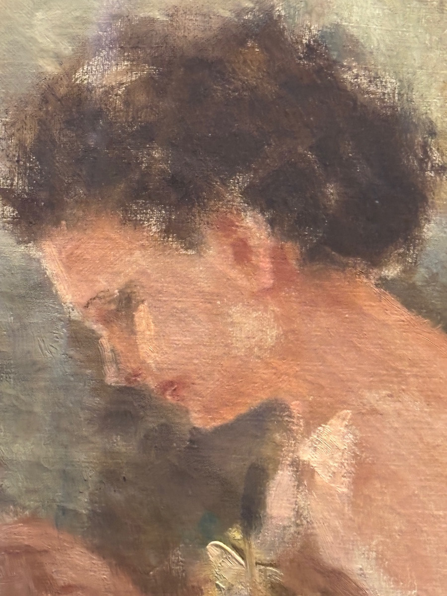 Giuseppe mastellaro 1950 grand tableaux d élégantes huile sur toile sous verre -photo-2