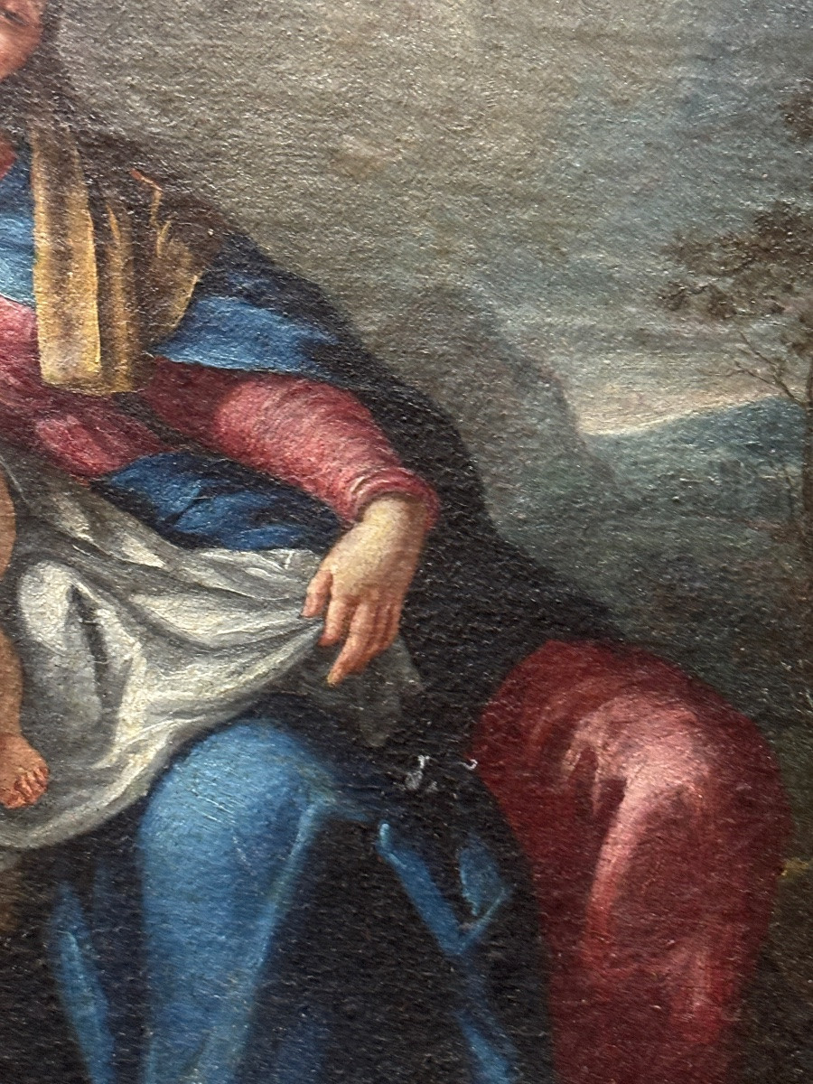 École française XVIIIe vierge à l enfant huile sur toile angelots -photo-1