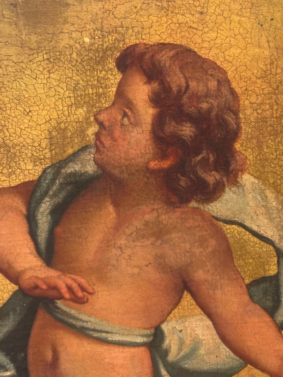 Tableau angelot cupidon début XIXe huile sur toile marouflée sur bois sur fond doré -photo-2