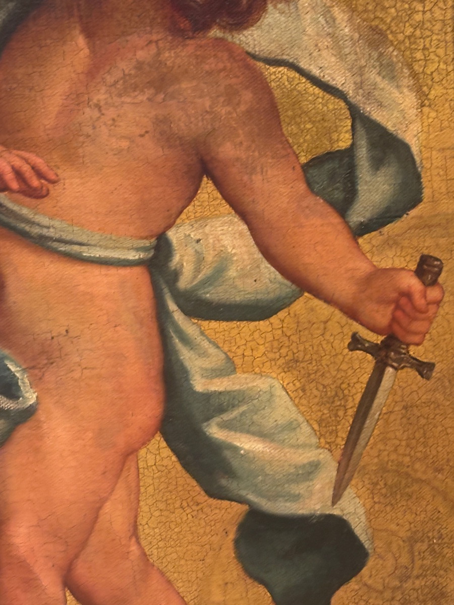 Tableau angelot cupidon début XIXe huile sur toile marouflée sur bois sur fond doré -photo-3