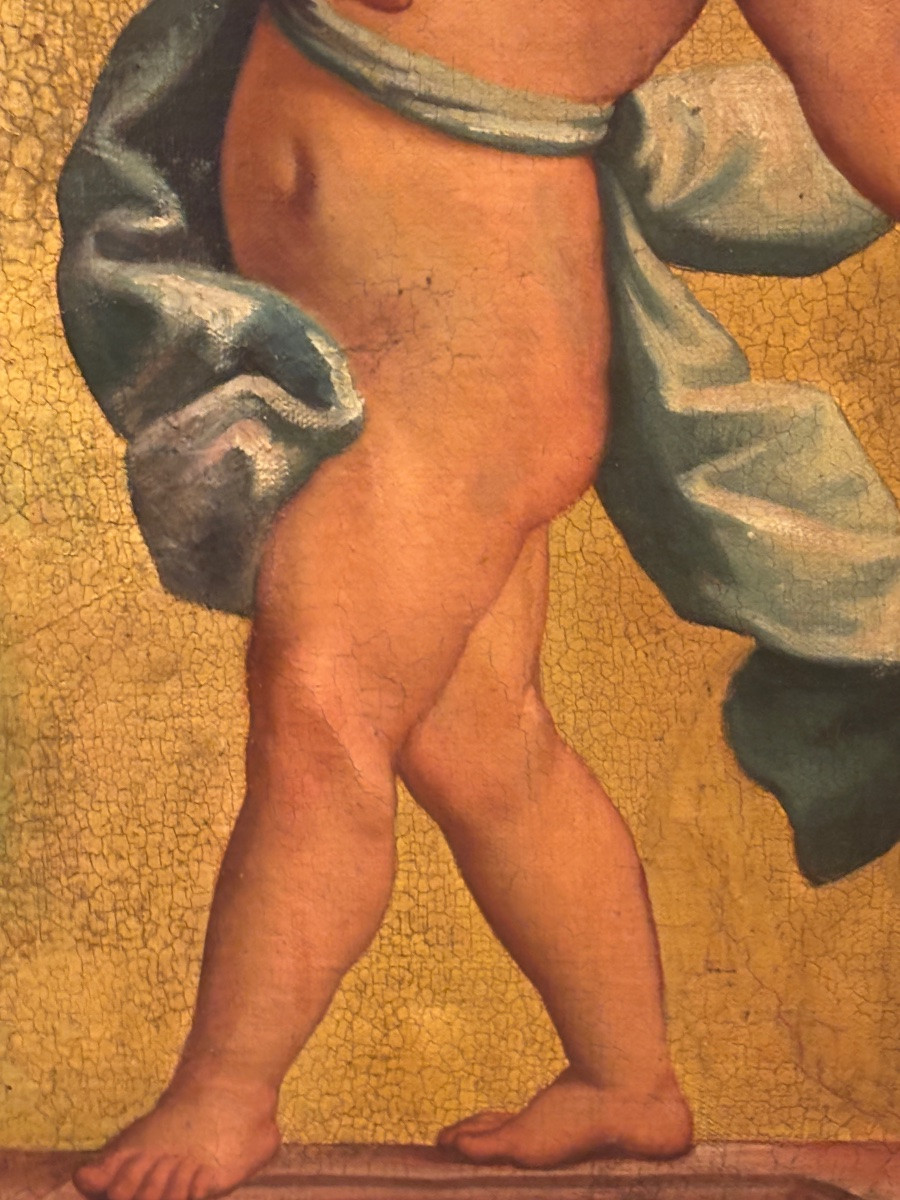 Tableau angelot cupidon début XIXe huile sur toile marouflée sur bois sur fond doré -photo-4
