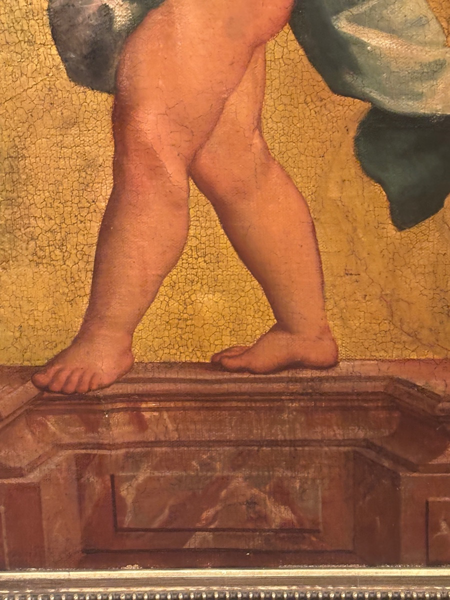 Tableau angelot cupidon début XIXe huile sur toile marouflée sur bois sur fond doré -photo-1