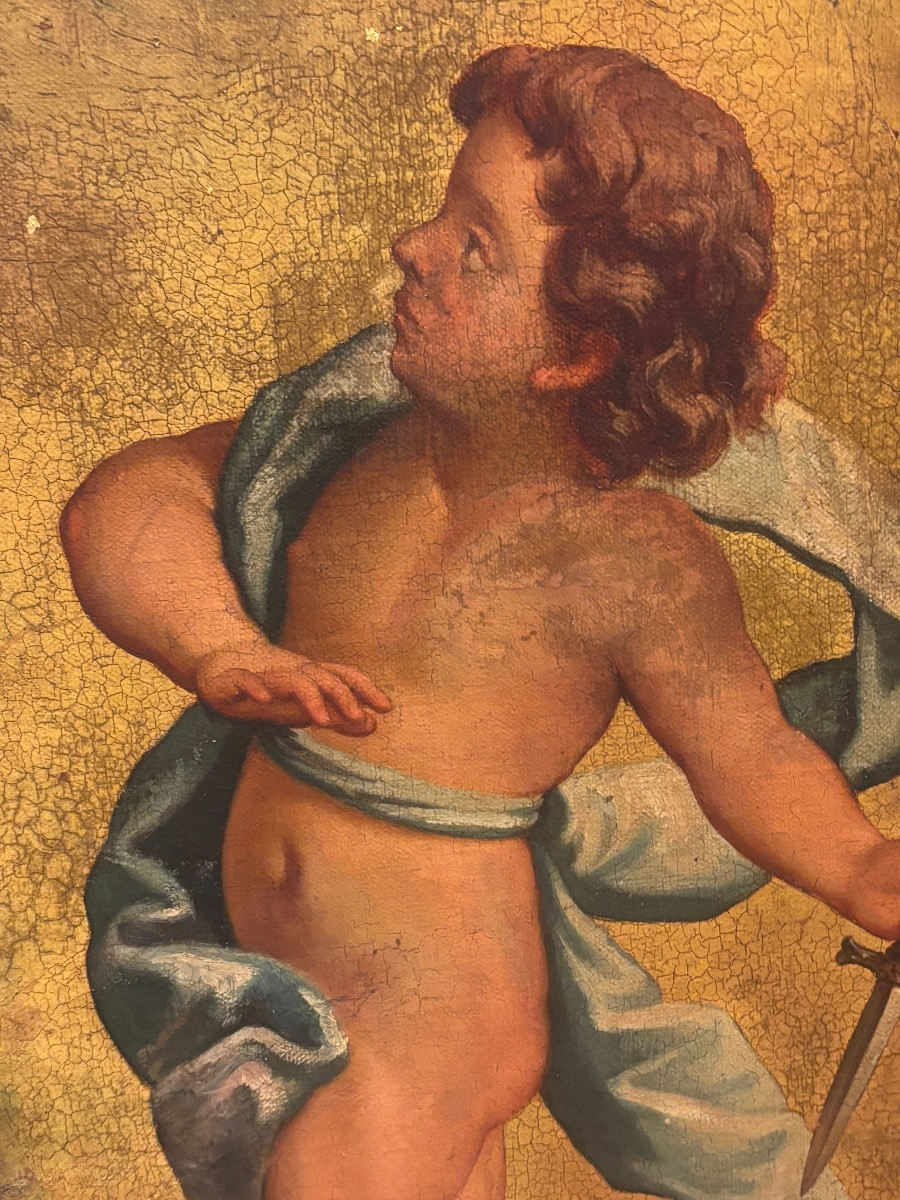 Tableau angelot cupidon début XIXe huile sur toile marouflée sur bois sur fond doré -photo-2