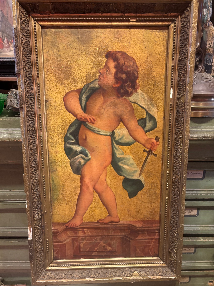 Tableau angelot cupidon début XIXe huile sur toile marouflée sur bois sur fond doré 