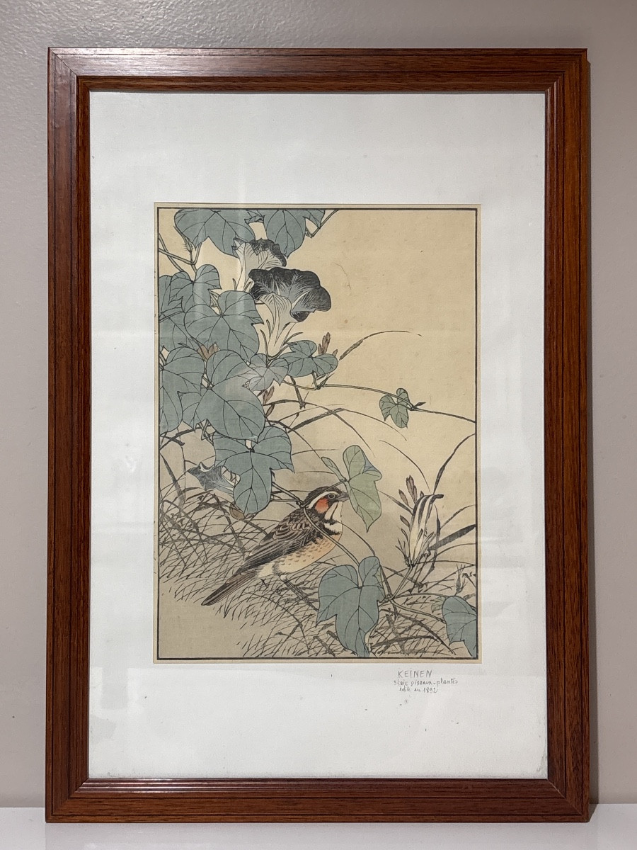 Imao keinen estampe japonaise 1892 série oiseaux plante serin aux aguets -photo-2