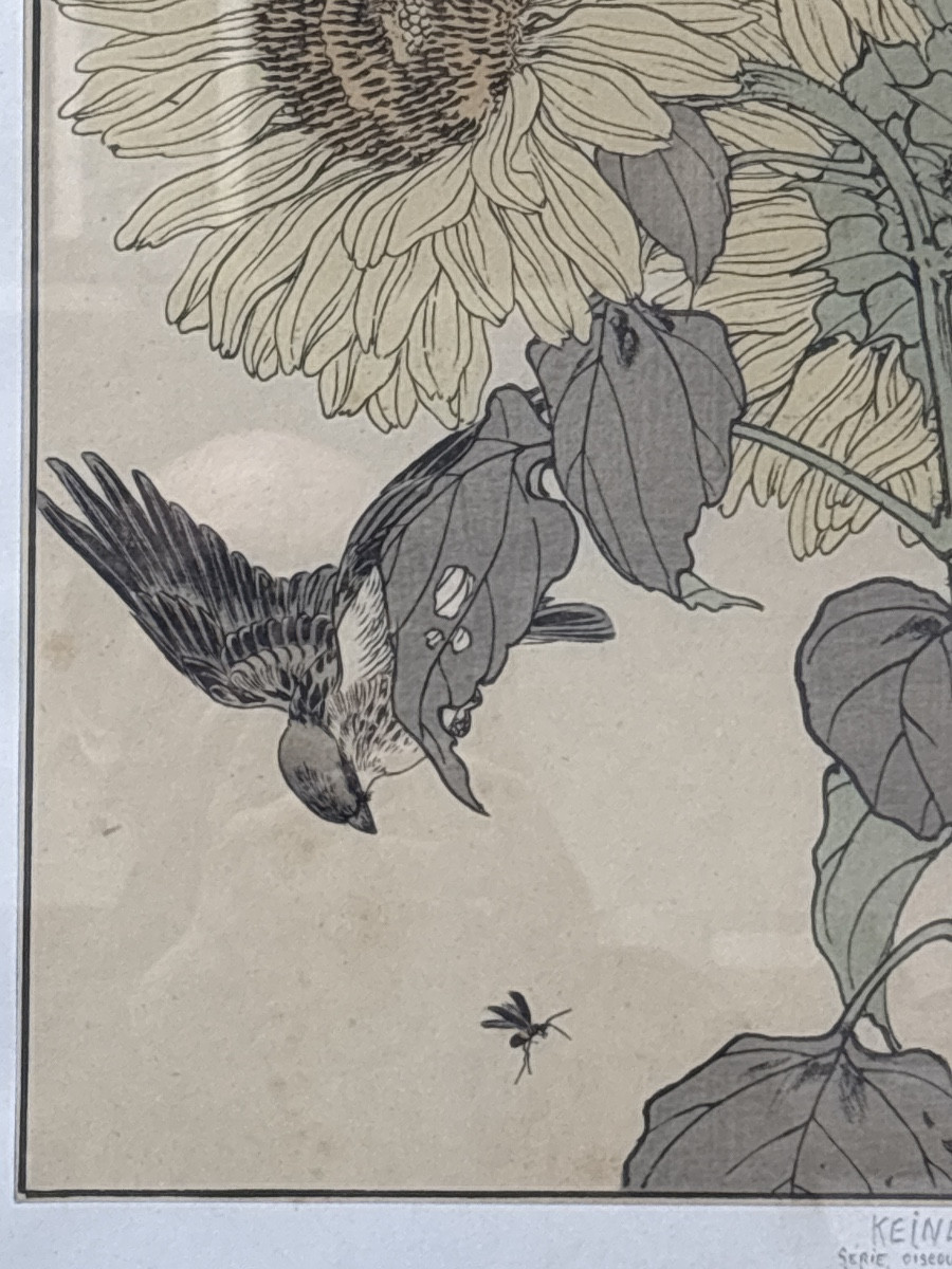 Imaro Keinen estampe japonaise 1892 série oiseaux et plantes serin et tournesol -photo-2
