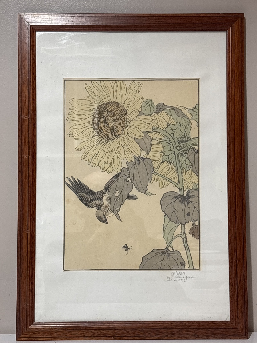 Imaro Keinen estampe japonaise 1892 série oiseaux et plantes serin et tournesol 