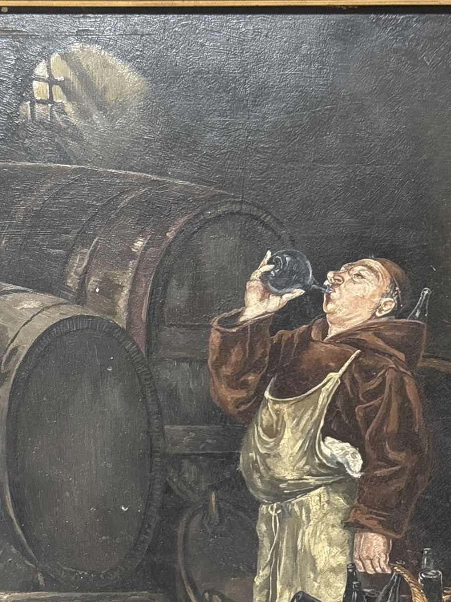 Lebreton Oil On Mahogany Monk Wine Cellar 19th Century-photo-2