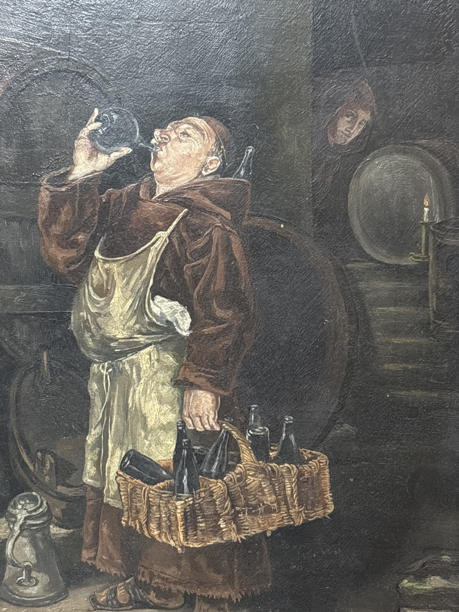 Lebreton Oil On Mahogany Monk Wine Cellar 19th Century-photo-3