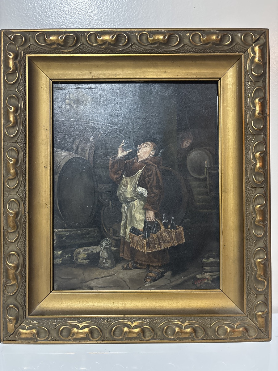 Lebreton Oil On Mahogany Monk Wine Cellar 19th Century