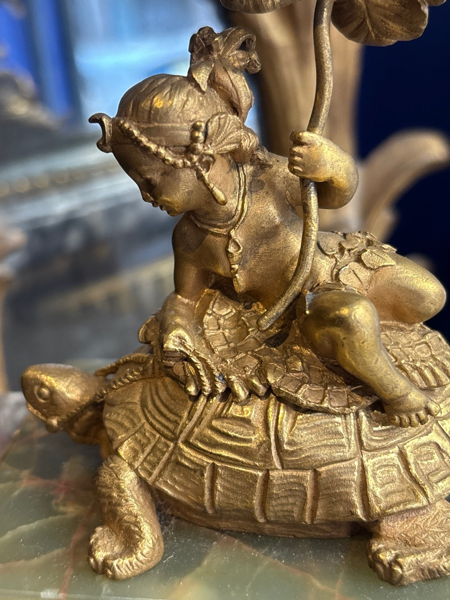 Young Girl With Turtle And Parasol 19th Century Small Gilt Bronze On Onyx Base-photo-2