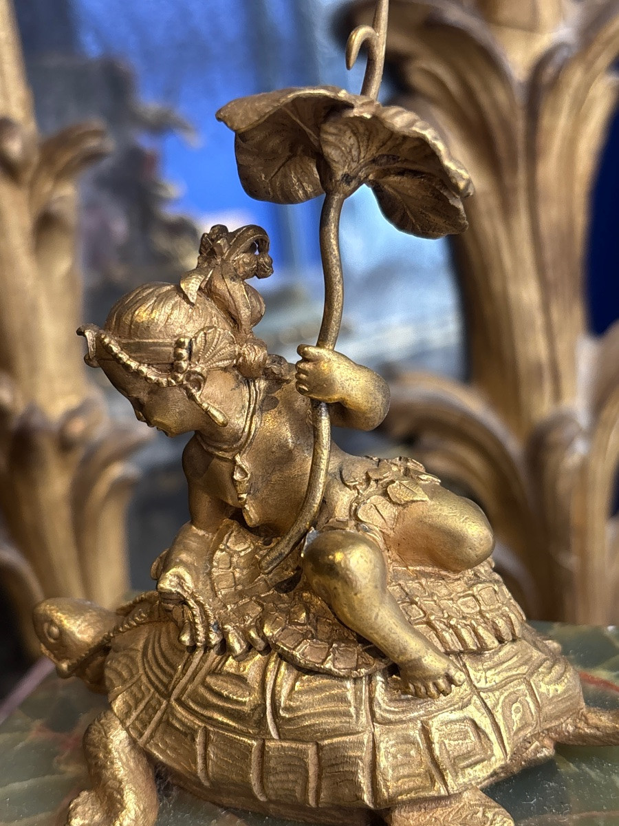 Young Girl With Turtle And Parasol 19th Century Small Gilt Bronze On Onyx Base-photo-1