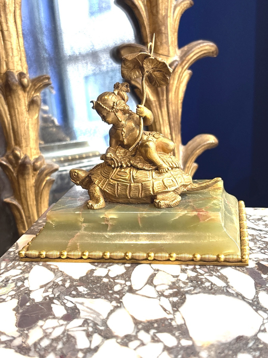 Young Girl With Turtle And Parasol 19th Century Small Gilt Bronze On Onyx Base