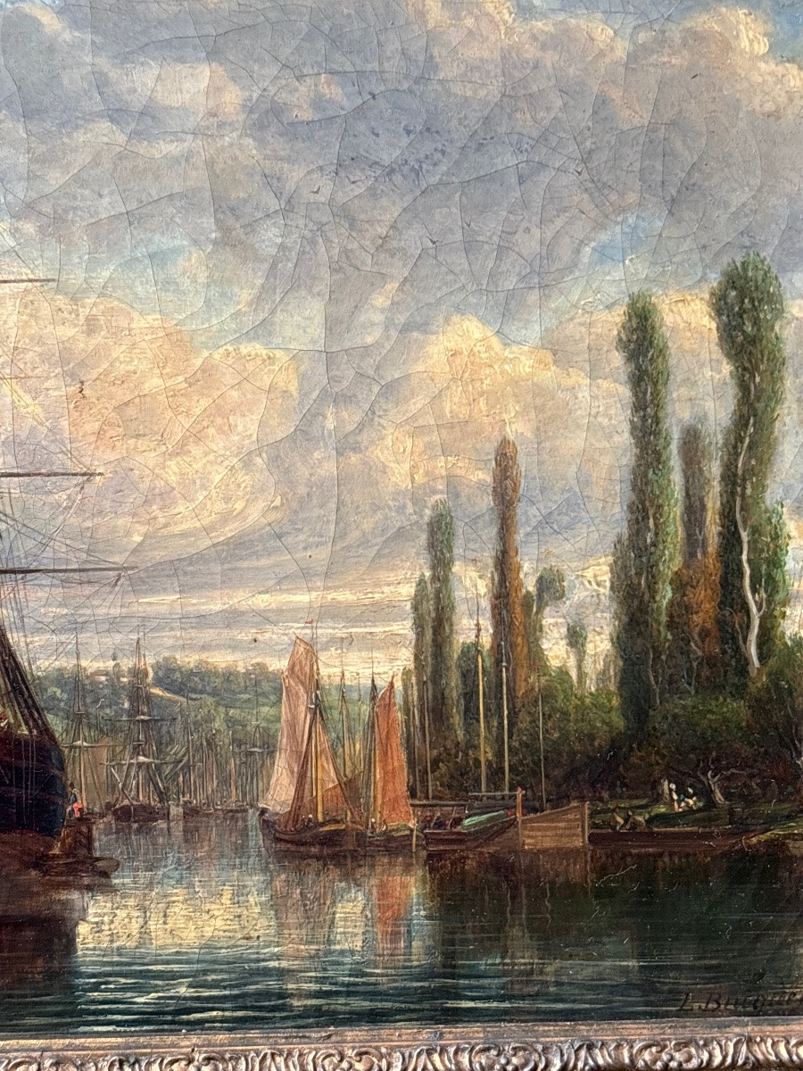 Louis Léonce Bucquet Oil On Canvas Small Port Near Rouen Three-masted Ship-photo-2