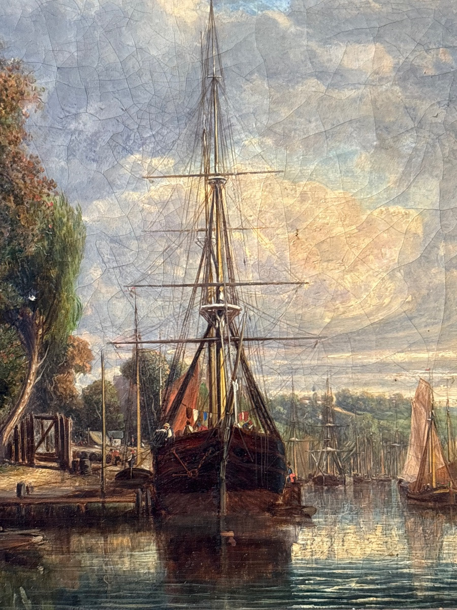 Louis Léonce Bucquet Oil On Canvas Small Port Near Rouen Three-masted Ship-photo-3