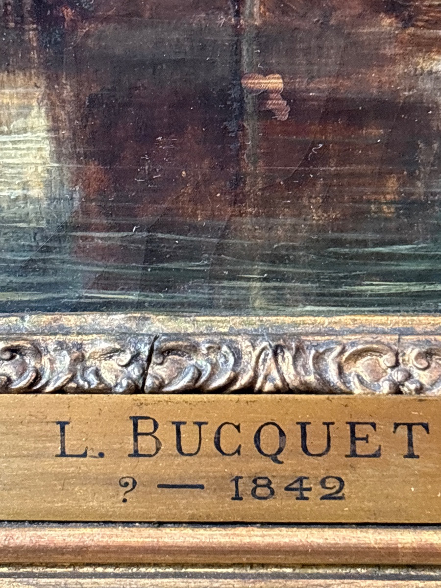 Louis Léonce Bucquet Oil On Canvas Small Port Near Rouen Three-masted Ship-photo-2