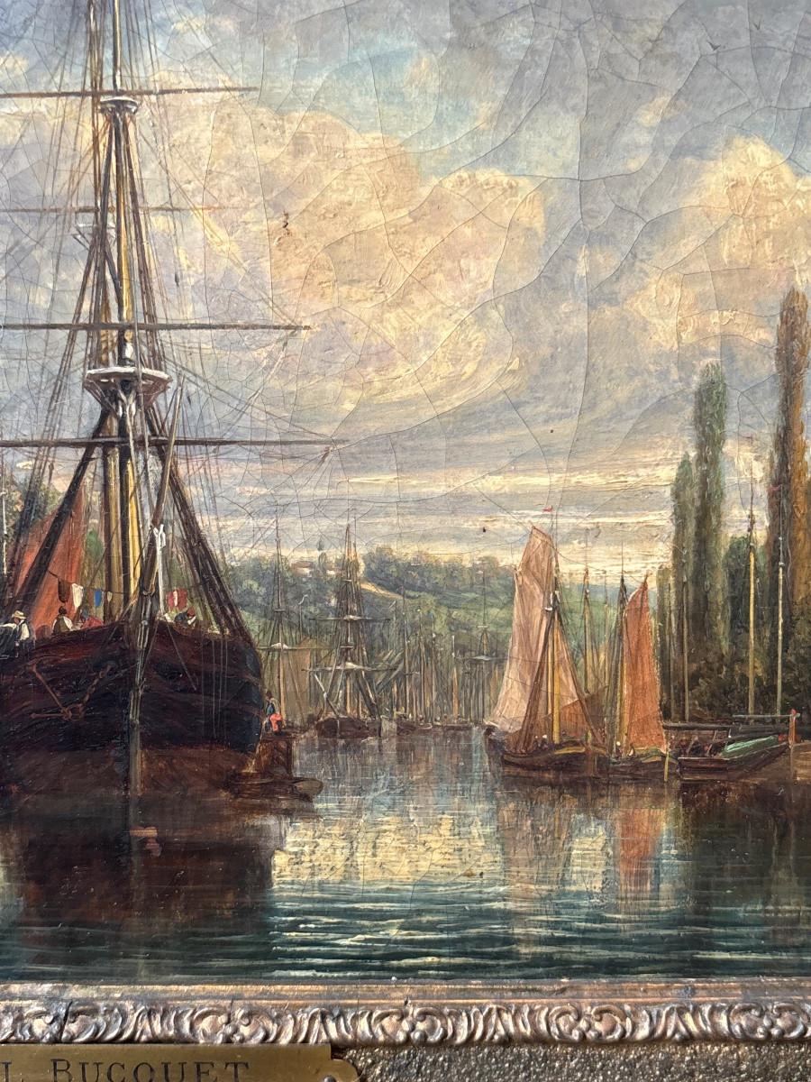 Louis Léonce Bucquet Oil On Canvas Small Port Near Rouen Three-masted Ship-photo-3