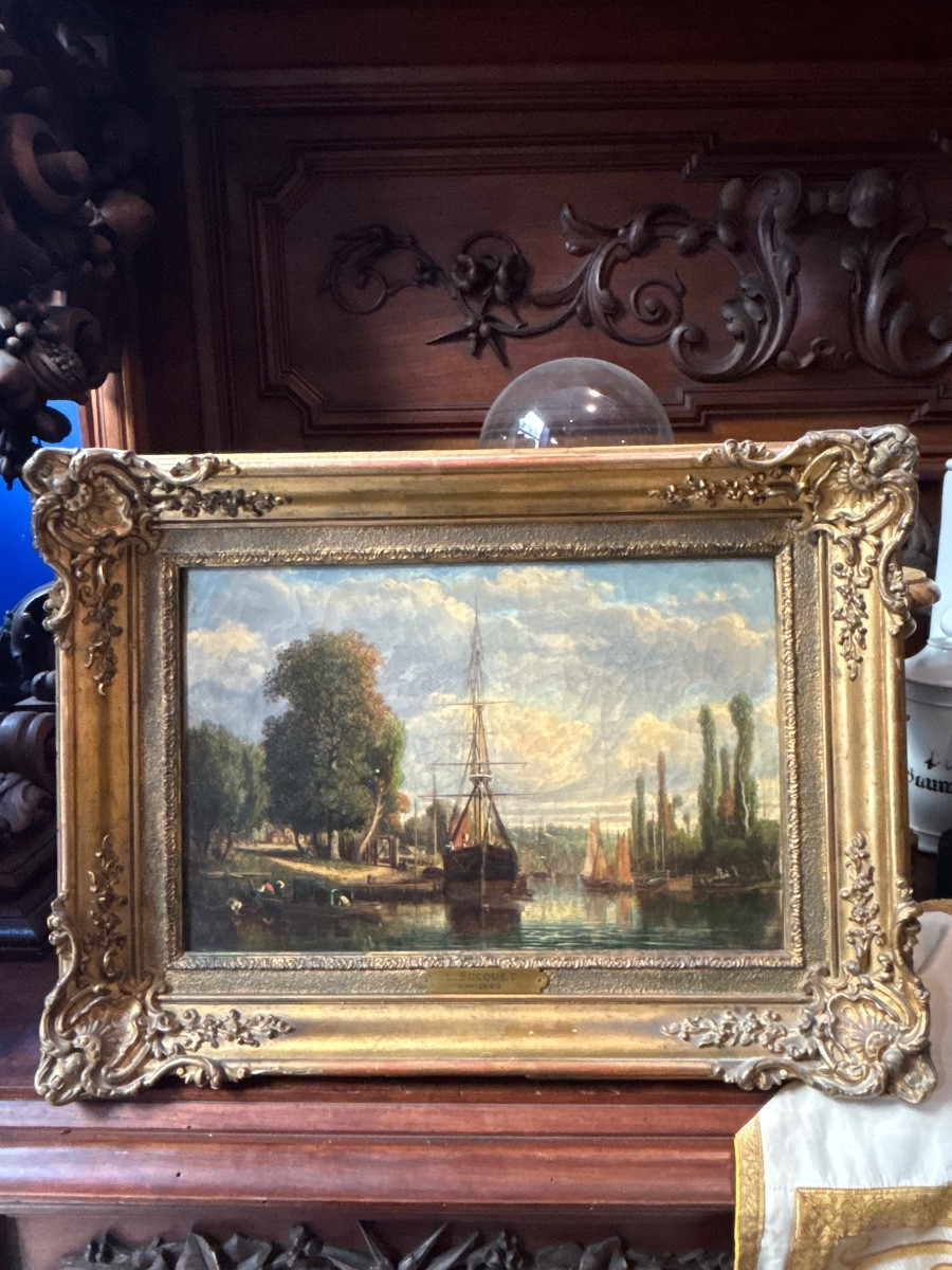Louis Léonce Bucquet Oil On Canvas Small Port Near Rouen Three-masted Ship