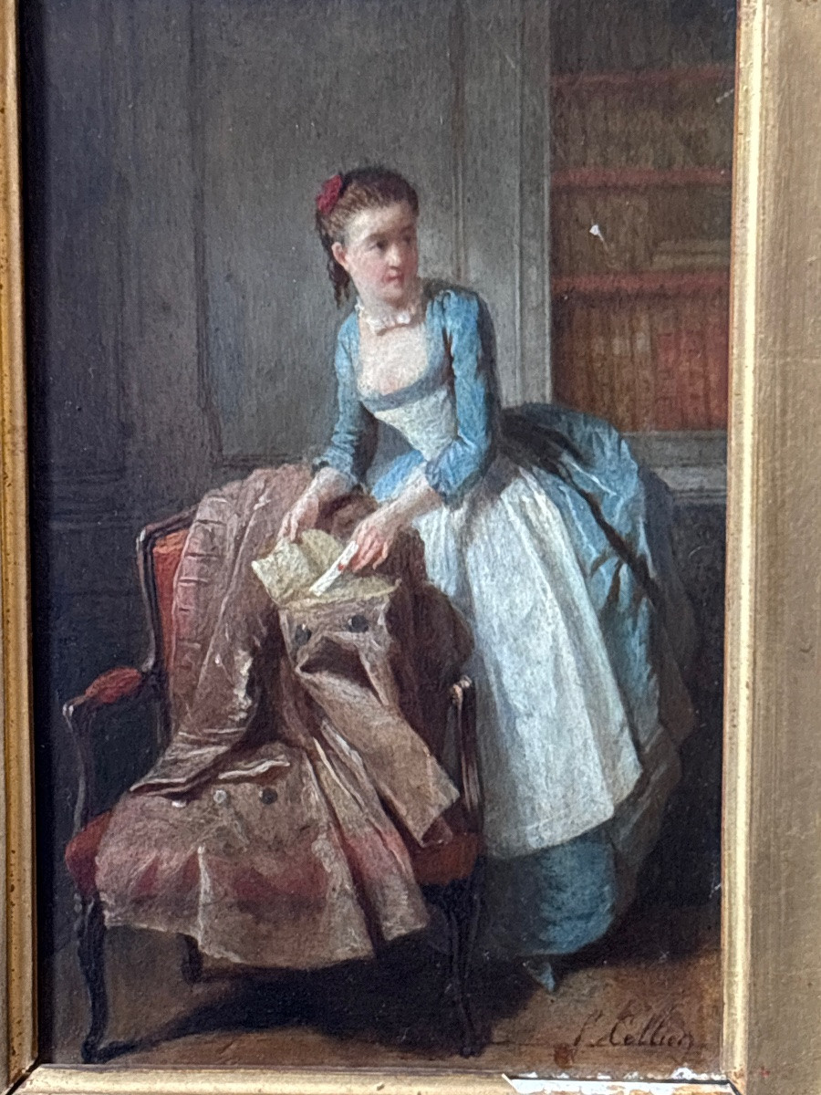P Cellier Tableau Huile Sur Panneau Servante Au Billet Doux Scène Romantique XIXe-photo-2