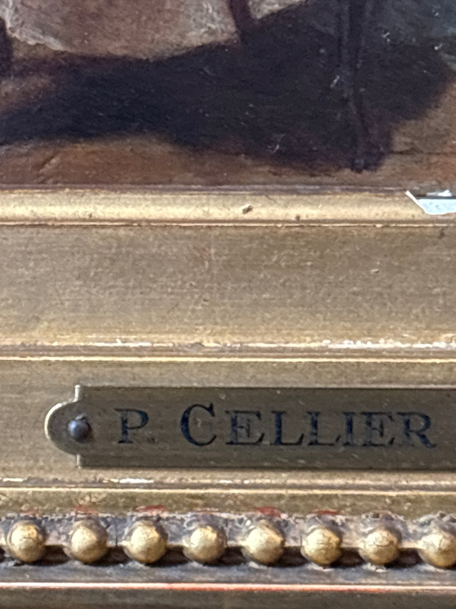 P Cellier Tableau Huile Sur Panneau Servante Au Billet Doux Scène Romantique XIXe-photo-3
