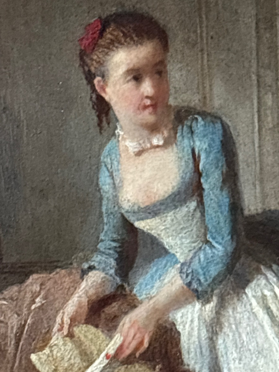 P Cellier Tableau Huile Sur Panneau Servante Au Billet Doux Scène Romantique XIXe-photo-1
