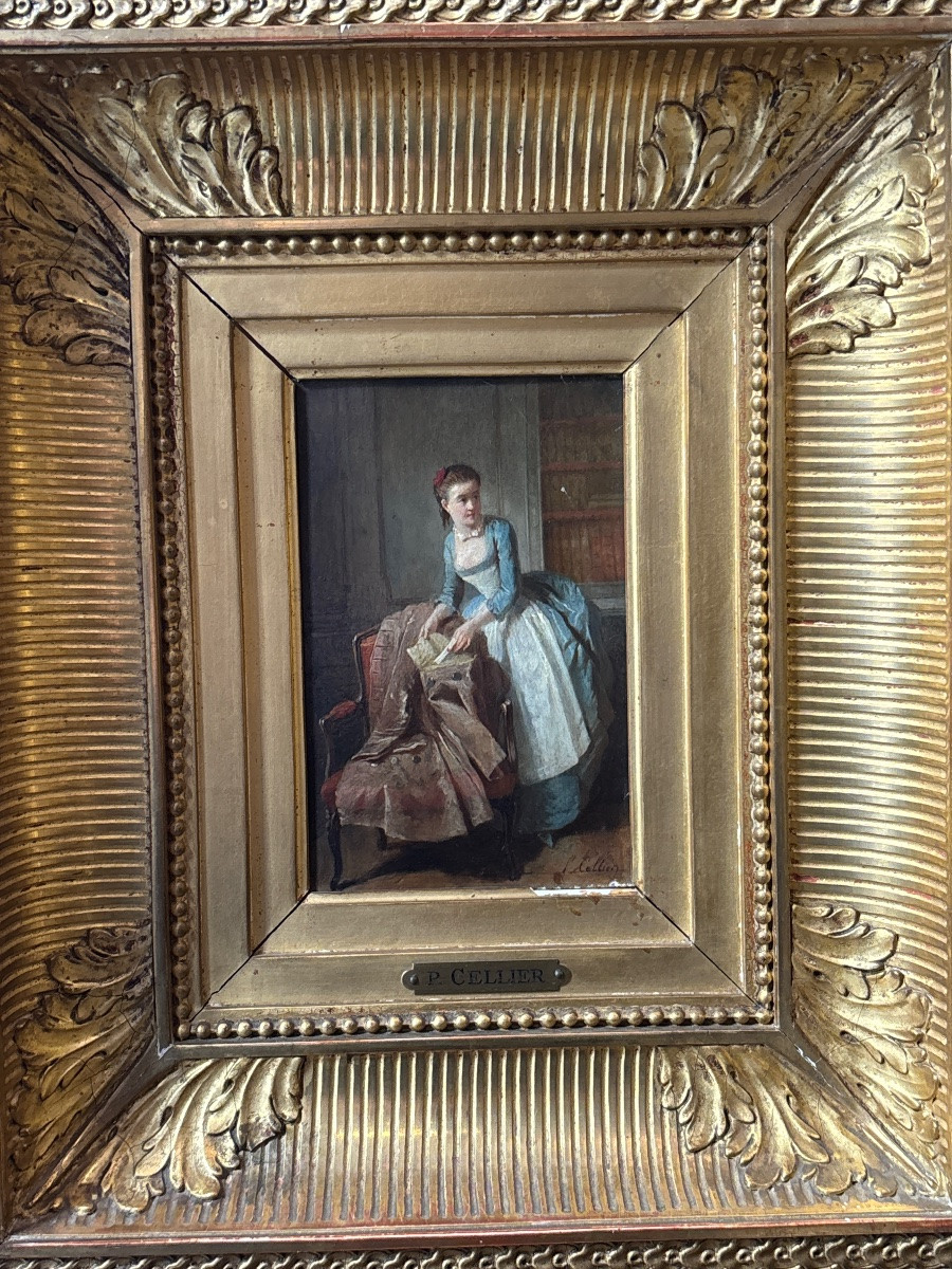 P Cellier Tableau Huile Sur Panneau Servante Au Billet Doux Scène Romantique XIXe-photo-2