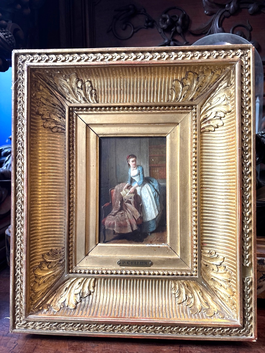 P Cellier Tableau Huile Sur Panneau Servante Au Billet Doux Scène Romantique XIXe