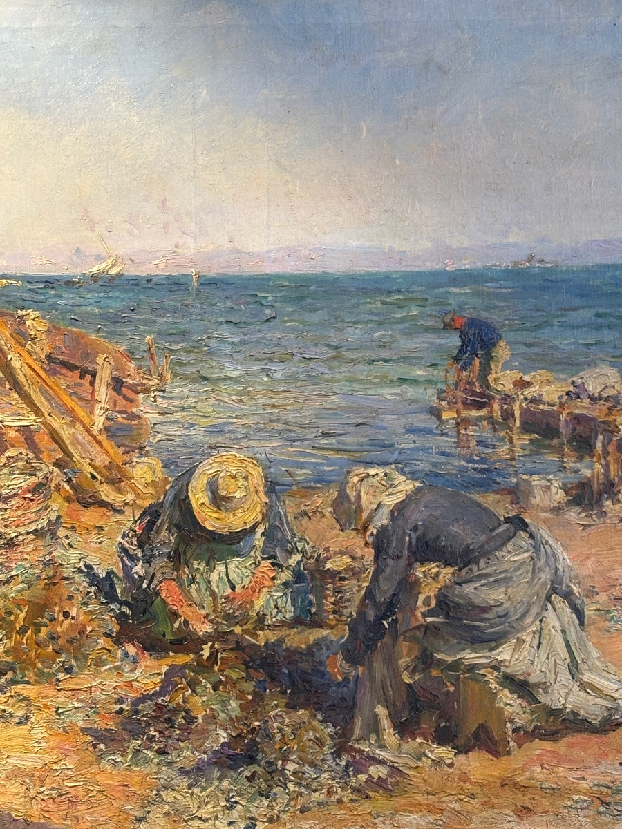 Julien Gagliardini le triage des moules à martigues grande huile sur toile entourage de ziem -photo-2