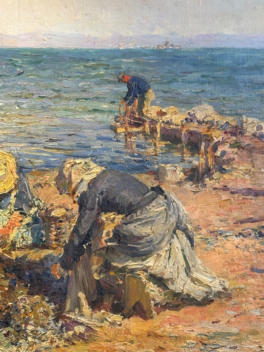 Julien Gagliardini le triage des moules à martigues grande huile sur toile entourage de ziem -photo-3