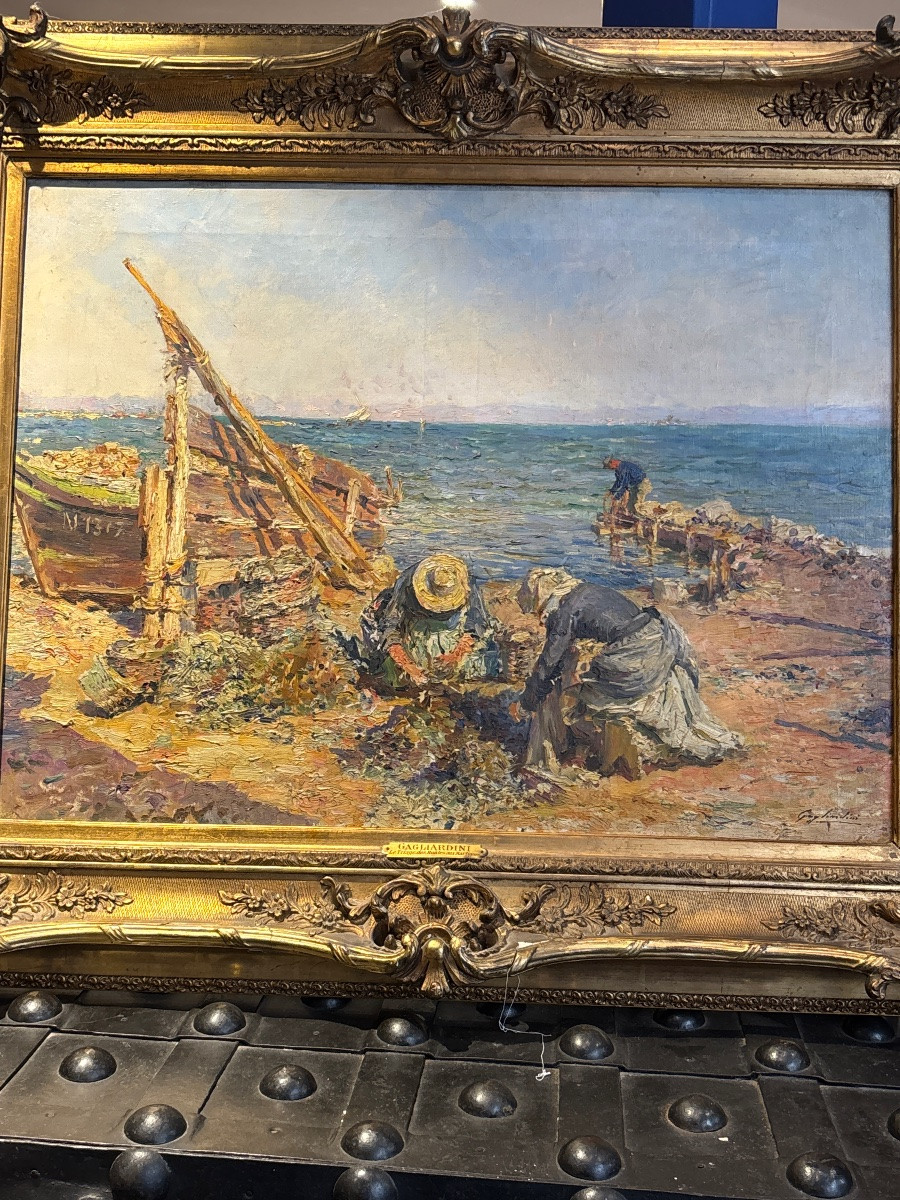 Julien Gagliardini le triage des moules à martigues grande huile sur toile entourage de ziem -photo-4