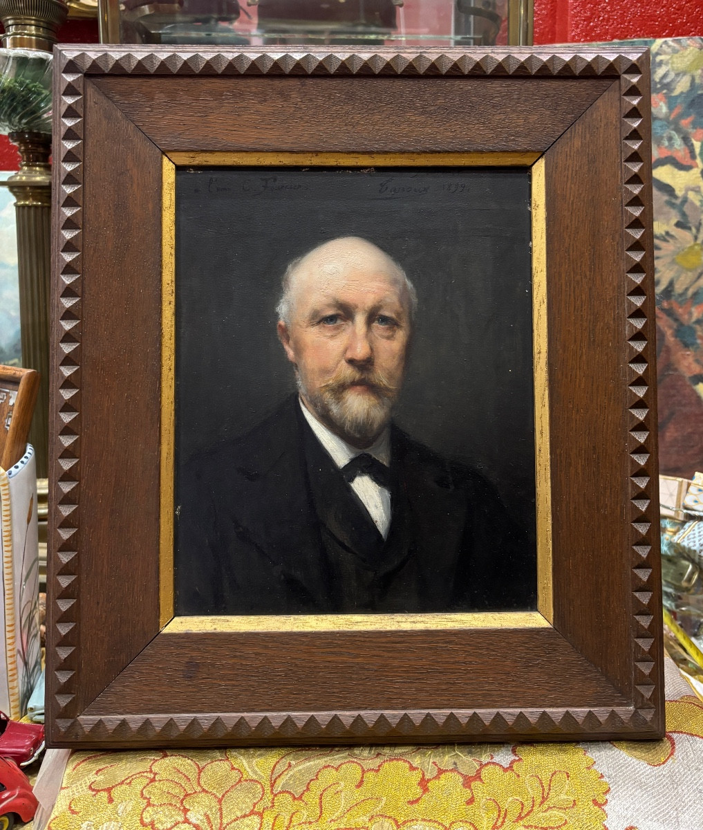 Adrien Henri Tanoux Oil On Wood Portrait Of A Man Signed Dated And Dedicated 1899
