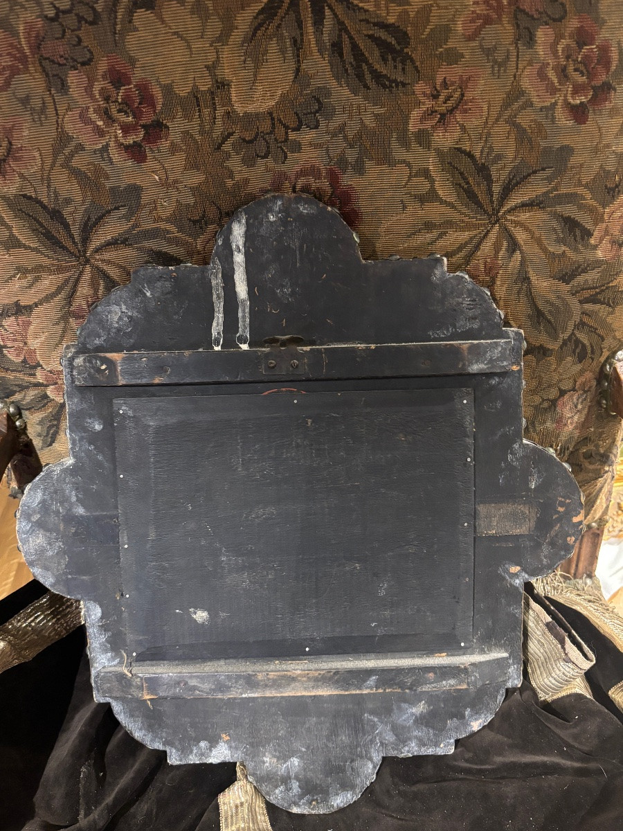 Ancien miroir XIXe Napoléon III de style LXIV en laiton repoussé à décor de dauphins et masque -photo-2