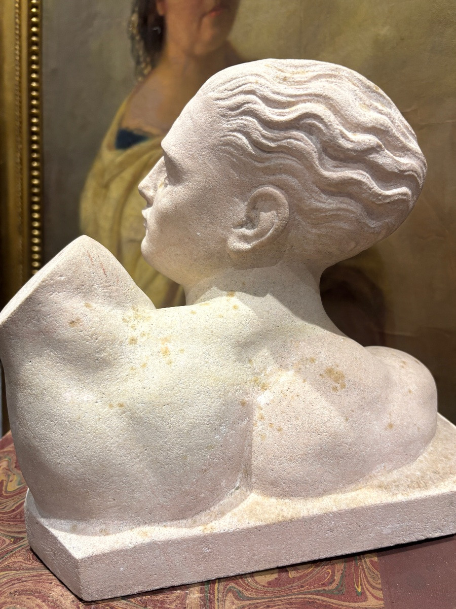 Lucien alliot sculpture en pierre tendre art déco buste d un jeune sportif vers 1920-photo-2