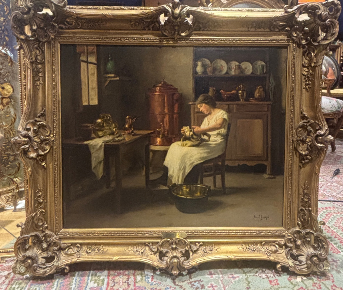 Bail grand tableau huile / toile XIXe le nettoyage des cuivres en cuisine 