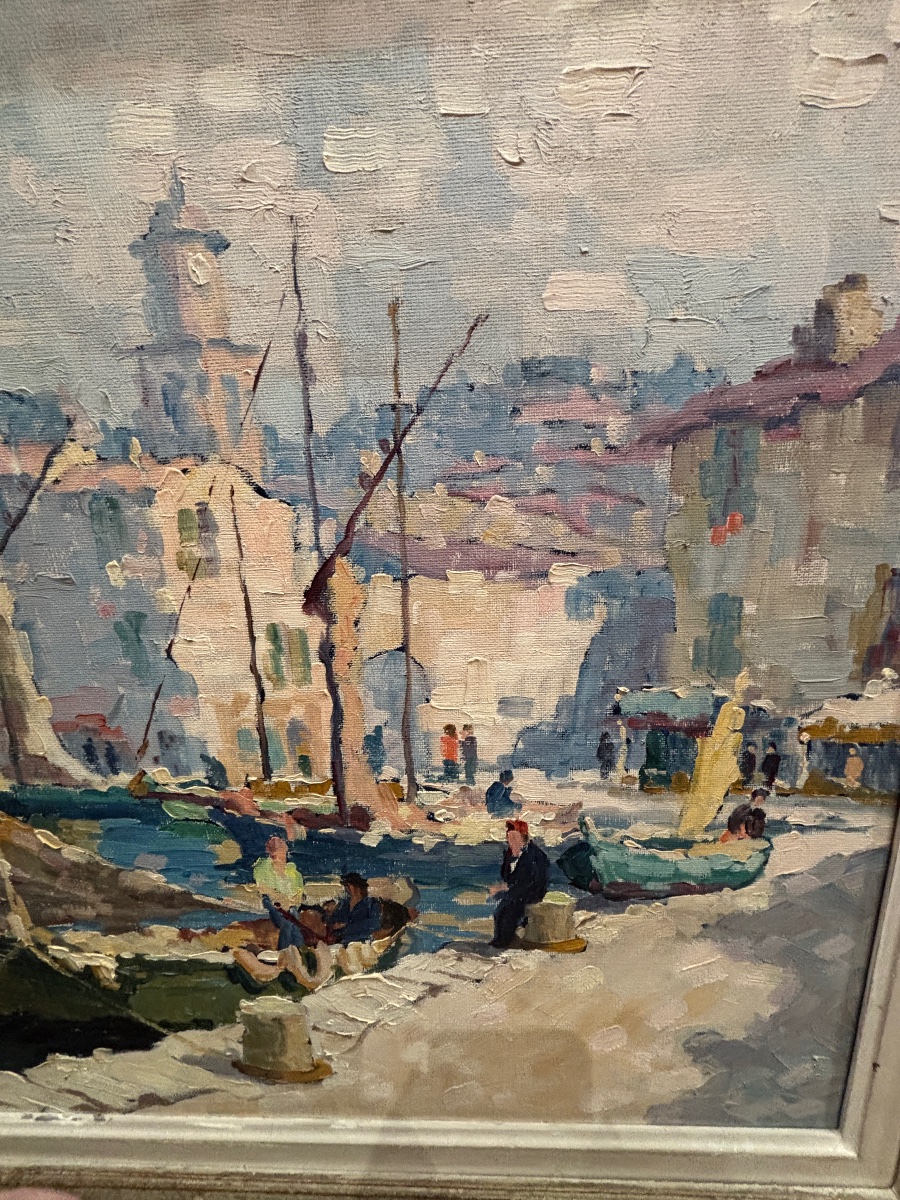 Mourgue grand tableau huile sur toile le port de St tropez marine -photo-3