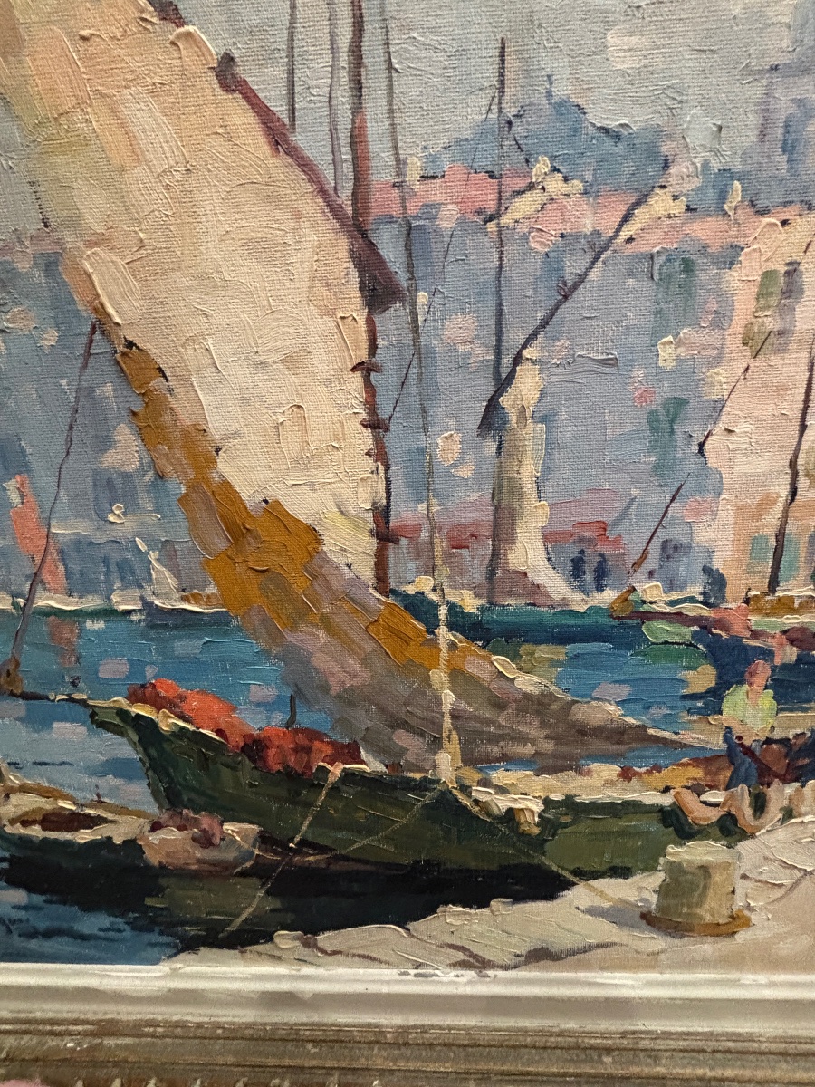 Mourgue grand tableau huile sur toile le port de St tropez marine -photo-1