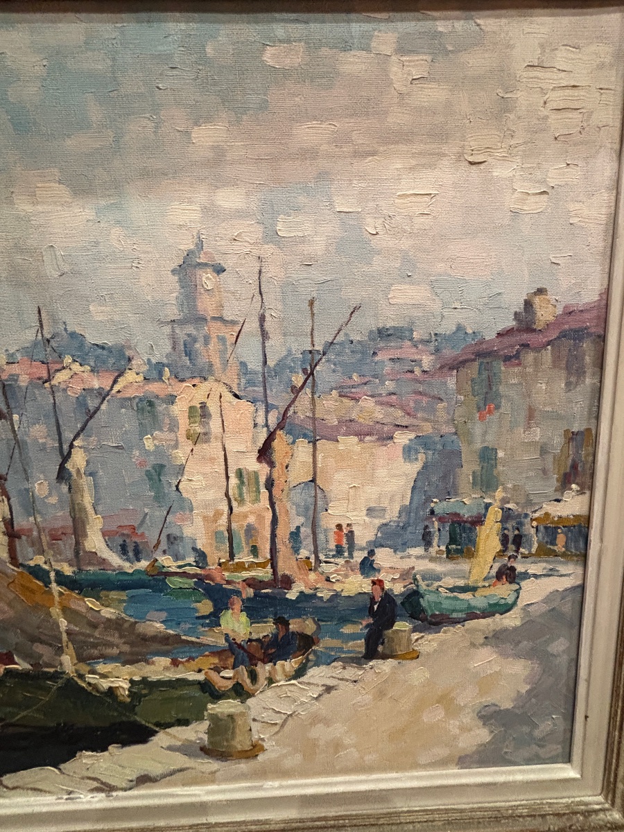 Mourgue grand tableau huile sur toile le port de St tropez marine -photo-3